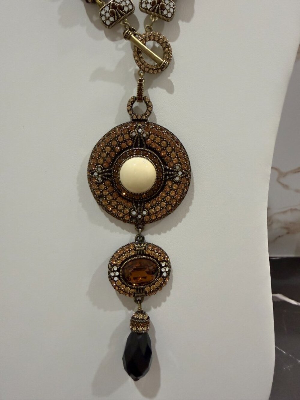 Heidi Daus Triple Strand Beaded Drop Statement Necklace Black Amber Crystal - Picture 3 of 14
